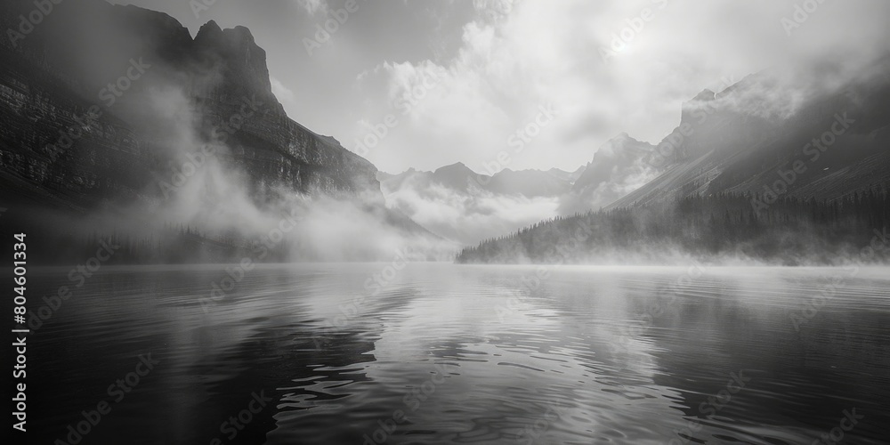 Scenic black and white photo of a serene lake with majestic mountains in the background. Perfect for nature lovers and travel enthusiasts Scenic black and white photo of a serene lake with majestic mountains in the background. Perfect for nature lovers and travel enthusiasts