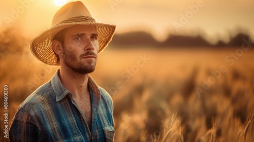 The picture of the farmer working in the crop field of the wheat under the sun at dawn or dusk time  the farmer skill require skills like the management  farming knowledge and physical stamina. AIG43.