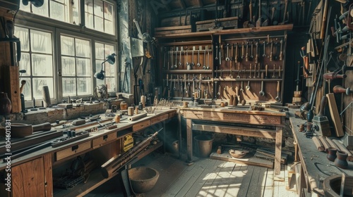 Workbench filled with various tools  suitable for DIY projects. Great for construction or repair concepts
