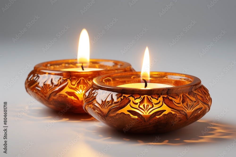 Two Diwali diya (Indian oil lamp) on white background. Indian Light Festival. Holiday design Two Diwali diya (Indian oil lamp) on white background. Indian Light Festival. Holiday design