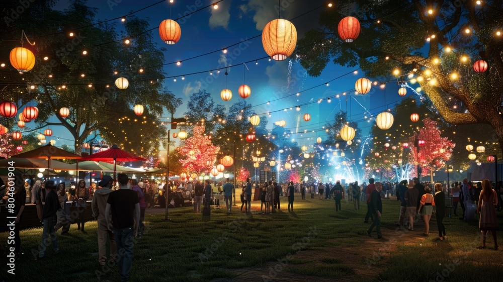 Group of individuals gathered in a field illuminated by lanterns. Group of individuals gathered in a field illuminated by lanterns.