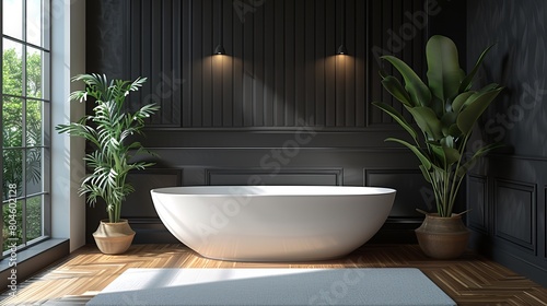 A modern bathroom interior features a white bathtub  chic vanity  black walls  parquet floor  plants  wooden wall panel  and natural lighting in this 3D rendering.
