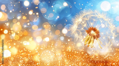   A tight shot of a dandelion against a softly blurred backdrop  featuring a cluster of lights in the foreground