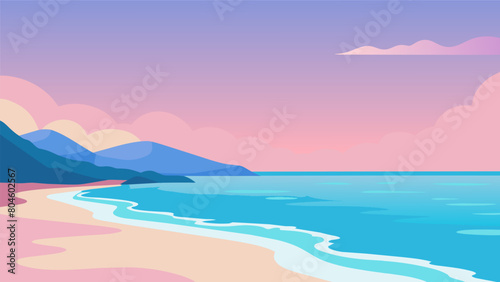A serene beachscape featuring pastel blue ocean waters and a pastel pink sunset crafted with soft pastels..
