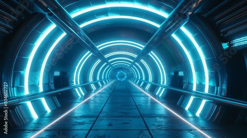A modern sci-fi futuristic scene is illustrated with blue neon glowing laser circle lights in a stage showroom underground technology background tunnel corridor in this 3D rendering.