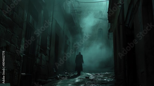 Craft a visual narrative using rich, velvety shadows to portray clandestine meetings and covert operations in a dark alley, with a chiaroscuro effect intensifying the aura of secrecy and danger photo