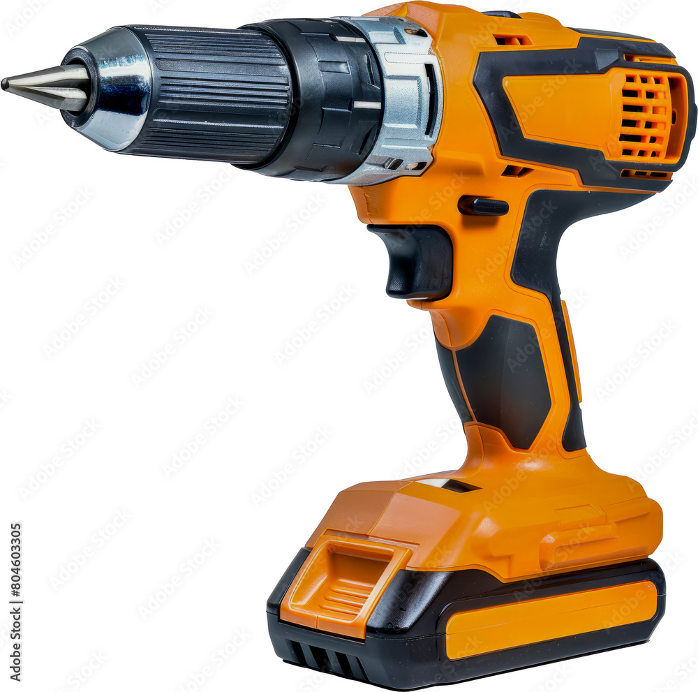 Cordless yellow electric drill with battery cut out on transparent background
