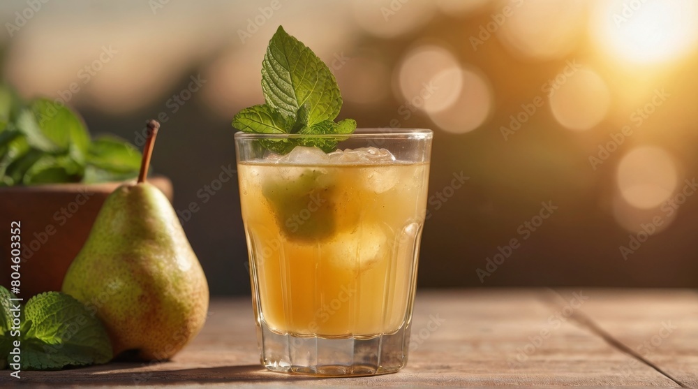 Fototapeta premium Refreshing pear juice in glass with mint leaves on blurred background for text space
