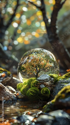 Craft a mesmerizing long shot of a tiny ecosystem, showcasing a world teeming with life and harmonious balance Use macro photography to emphasize the fragility and importance of environmental conserva