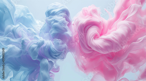 Two swirls of pink and blue smoke, creating a sense of movement and energy