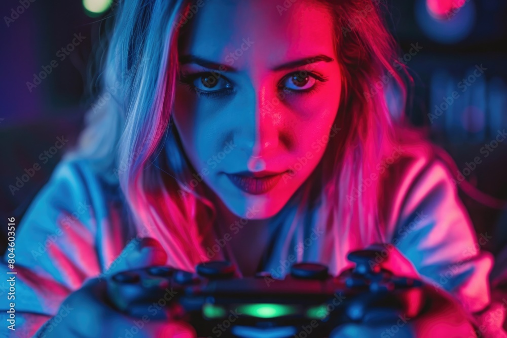 A woman holding a video game controller. Suitable for gaming industry A woman holding a video game controller. Suitable for gaming industry