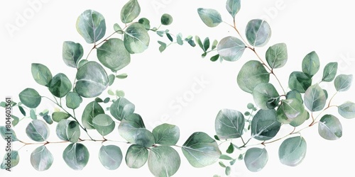 A beautiful watercolor painting of a wreath made of eucalyptus leaves. Perfect for botanical themed designs