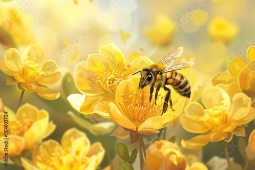 A bee sitting on top of a yellow flower. Suitable for nature and garden concepts