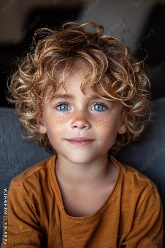A young boy with curly hair sitting on a couch, AI A young boy with curly hair sitting on a couch, AI
