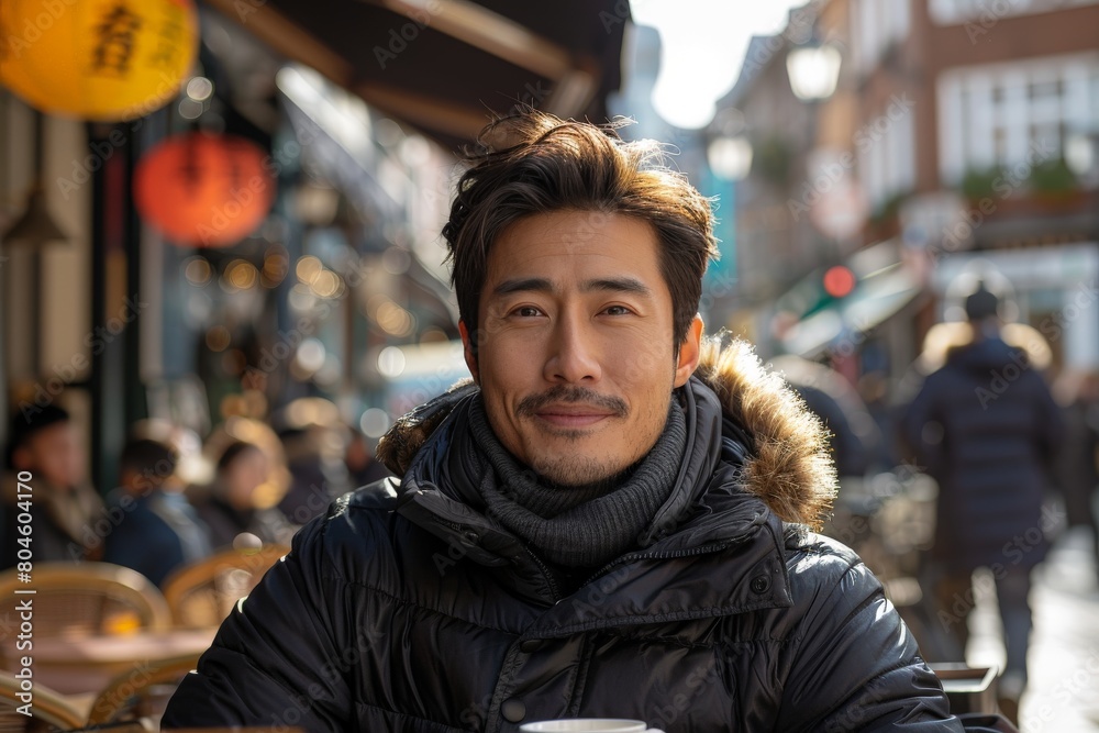 Fashionable man smiling with a coffee cup, seated outdoors in an urban environment with blurred city background