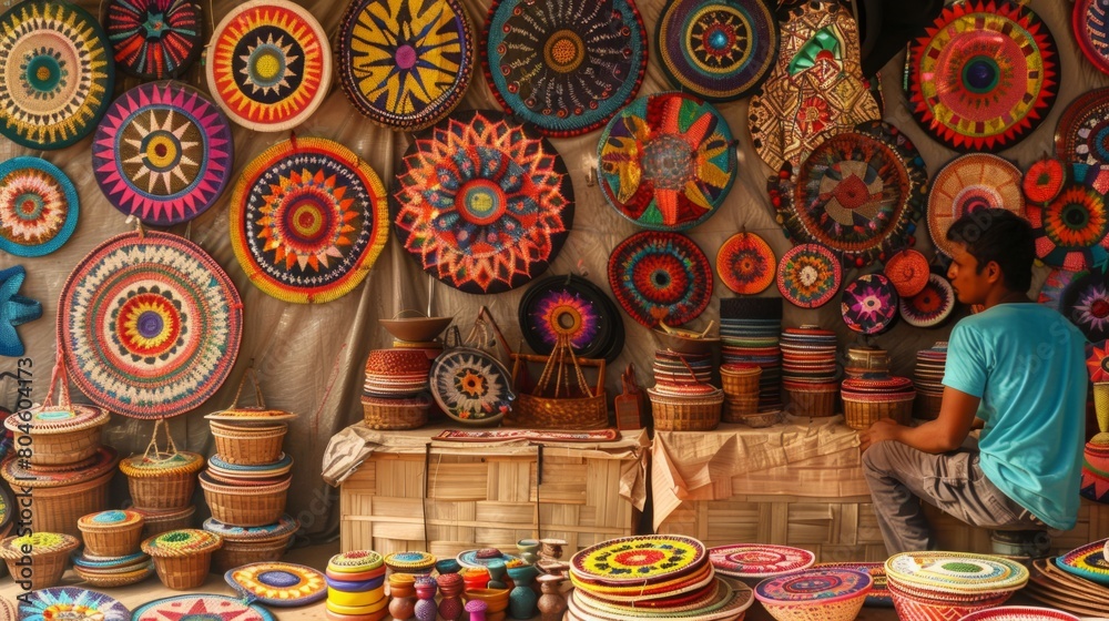 Fototapeta premium A man is seated in front of a variety of baskets on display, examining them closely.