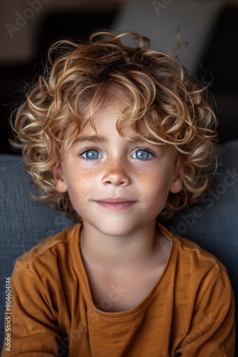 A young boy with curly hair sitting on a couch, AI