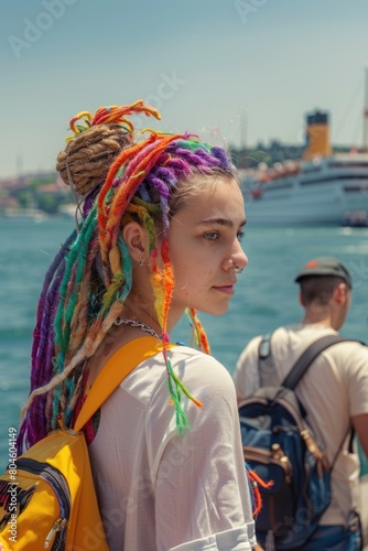 A woman with colorful dreads on her head. Suitable for fashion or beauty concepts