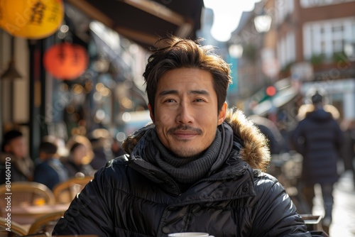 Fashionable man smiling with a coffee cup, seated outdoors in an urban environment with blurred city background