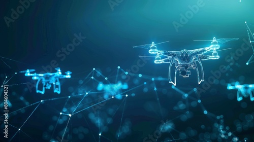 Abstract representation of futuristic drone technology, featuring digital wireframe drones with a blue neon glow, set against a polygonal low poly background with connecting dots and lines.