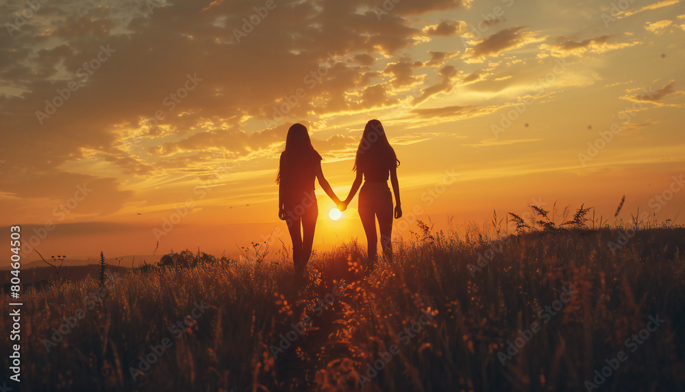 Recreation of a two woman from back holding hands walking in a field at sunset