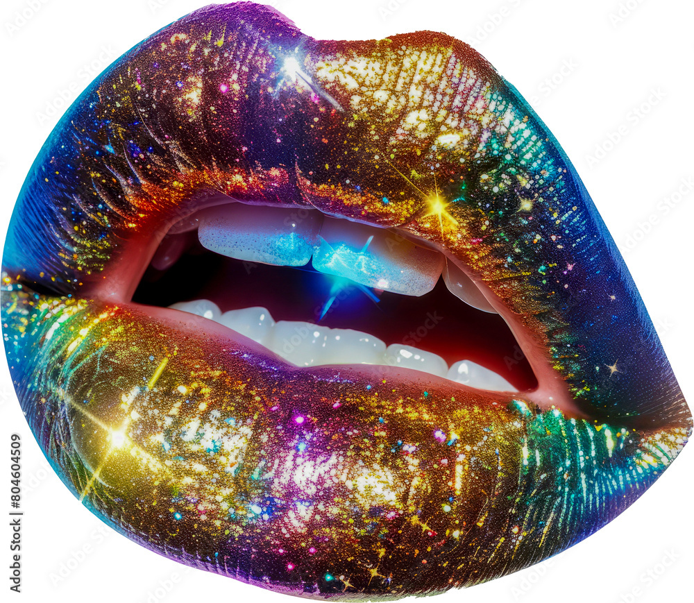 Glossy rainbow lips with sparkling glitter cut out on transparent background Glossy rainbow lips with sparkling glitter cut out on transparent background