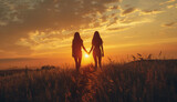 Recreation of a two woman from back holding hands walking in a field at sunset