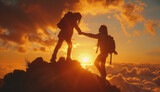 Recreation of a climbing woman helping another woman to reach the top of a mountain at sunset