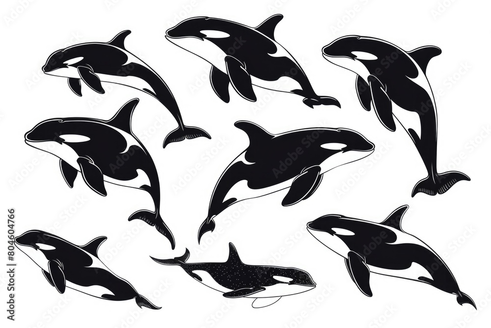 Naklejka premium A group of black and white killer whales swimming together. Suitable for marine life concepts
