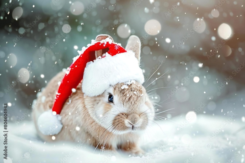 Cute festive rabbit in Santa hat for Christmas holiday