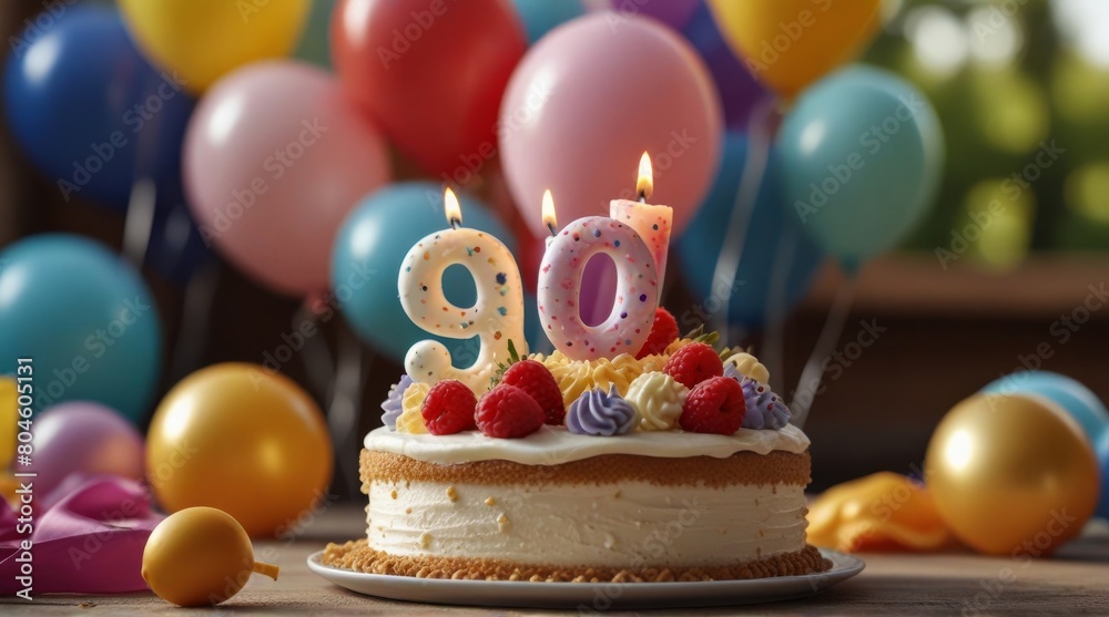 Number 90 candle on festive cake with balloons and party decor on blurred background for celebration