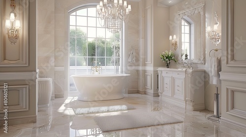 An elegantly bright bathroom interior is presented within a luxurious house.