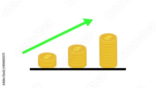 graph with coins graph and money. Animated Illustration of Statistic Curve with Arrow Growing Up showing money Profit growth on Good Business. Suitable to place on business and finance content.
