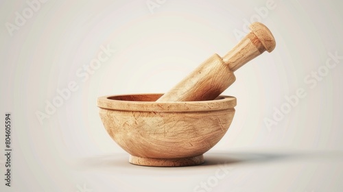Wooden mortar and pestle in a bowl, useful for cooking recipes photo