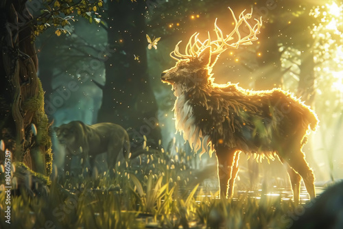 A mystical deer stands in a sunlit forest, its antlers glowing with a soft light. A butterfly perches on its nose. In the background, a dark figure watches from the shadows.