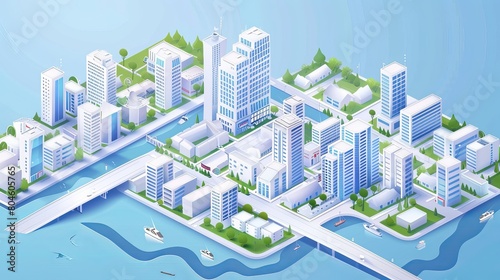 An isometric map or scheme of a city includes downtown  industrial district  suburban area  paper white buildings  houses  and a river  serving as a modern vector illustration for navigation.