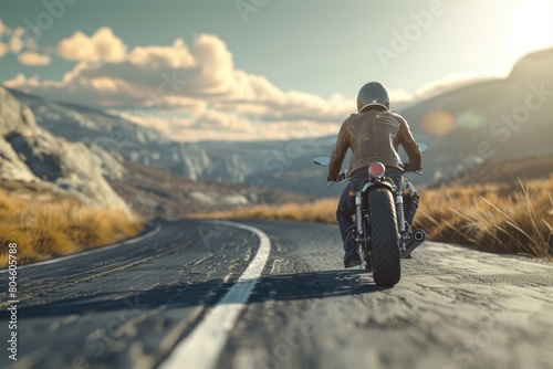 A person riding a motorcycle on a road. Suitable for travel or adventure concepts © Fotograf