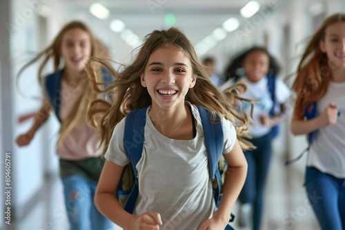 Cheerful Caucasian girl running in school corridor together
