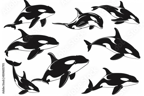 A group of orca whales showcasing different poses. Ideal for educational materials or nature documentaries