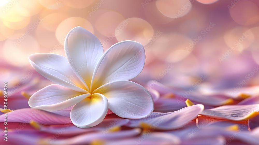 A large white flower atop a bed of intermingled pink and white petals A large white flower atop a bed of intermingled pink and white petals