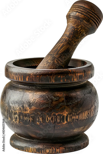 Wooden pestle and mortar for grinding spices in rustic kitchen cut out on transparent background