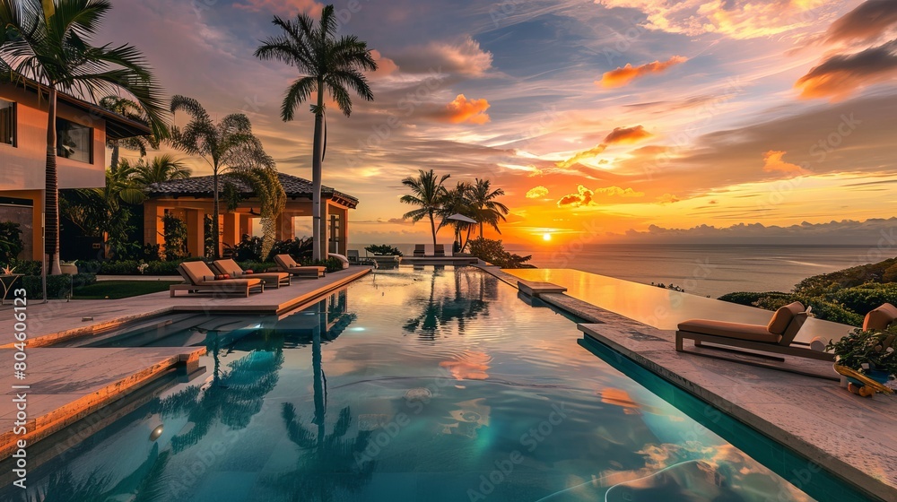An opulent pool bathed in the colors of sunset offers a serene retreat.