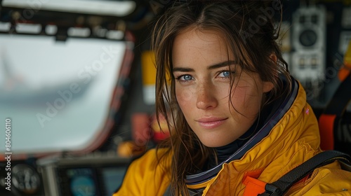 Fototapeta Naklejka Na Ścianę i Meble -  A female astronaut is floating inside a spaceship, a happy woman in zero gravity in a spacecraft or space station. The concept pertains to people, interior, weightlessness, and science.