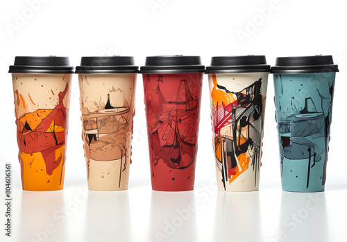 Coffee on the Go: Close-up of modern travel mugs or takeaway cups with prints, isolated on white background. photo