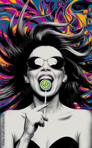 The image displays a woman with sunglasses, who is whimsically gripping a vibrant lollipop. Her hair and the backdrop are characterized by effervescent and psychedelic colors, imparting an energe... photo