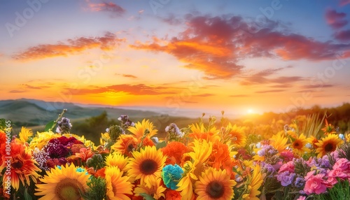 Sunset in the field with colorful flowers