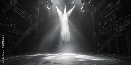 Black and white photo of a stage with spotlights. Perfect for theater or concert concepts