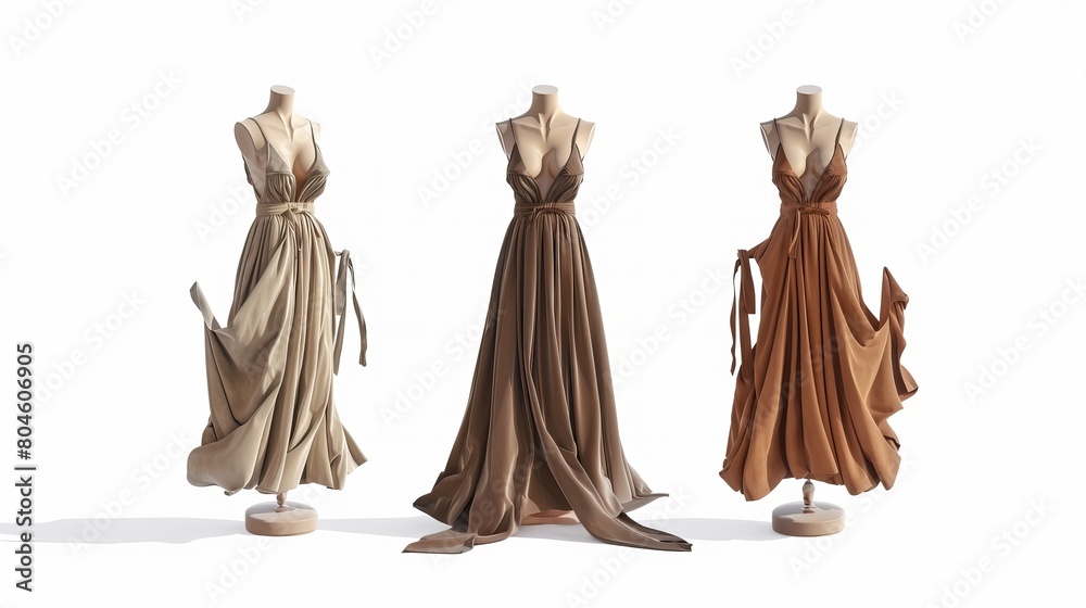 Ghost mannequin representation of a brown beige women's designer sundress, showcasing its voluminous design without the need for a human model. Perfect for displaying clothing designs in 3D. Ghost mannequin representation of a brown beige women's designer sundress, showcasing its voluminous design without the need for a human model. Perfect for displaying clothing designs in 3D.