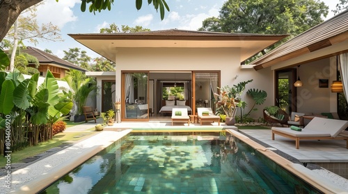 Exterior and interior design of a tropical pool villa with a lush green garden and bedroom, showcasing the home or house building. © Khalida