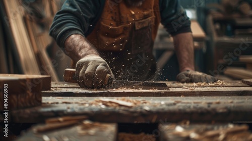 A man is working on a piece of wood. Suitable for woodworking or carpentry themes